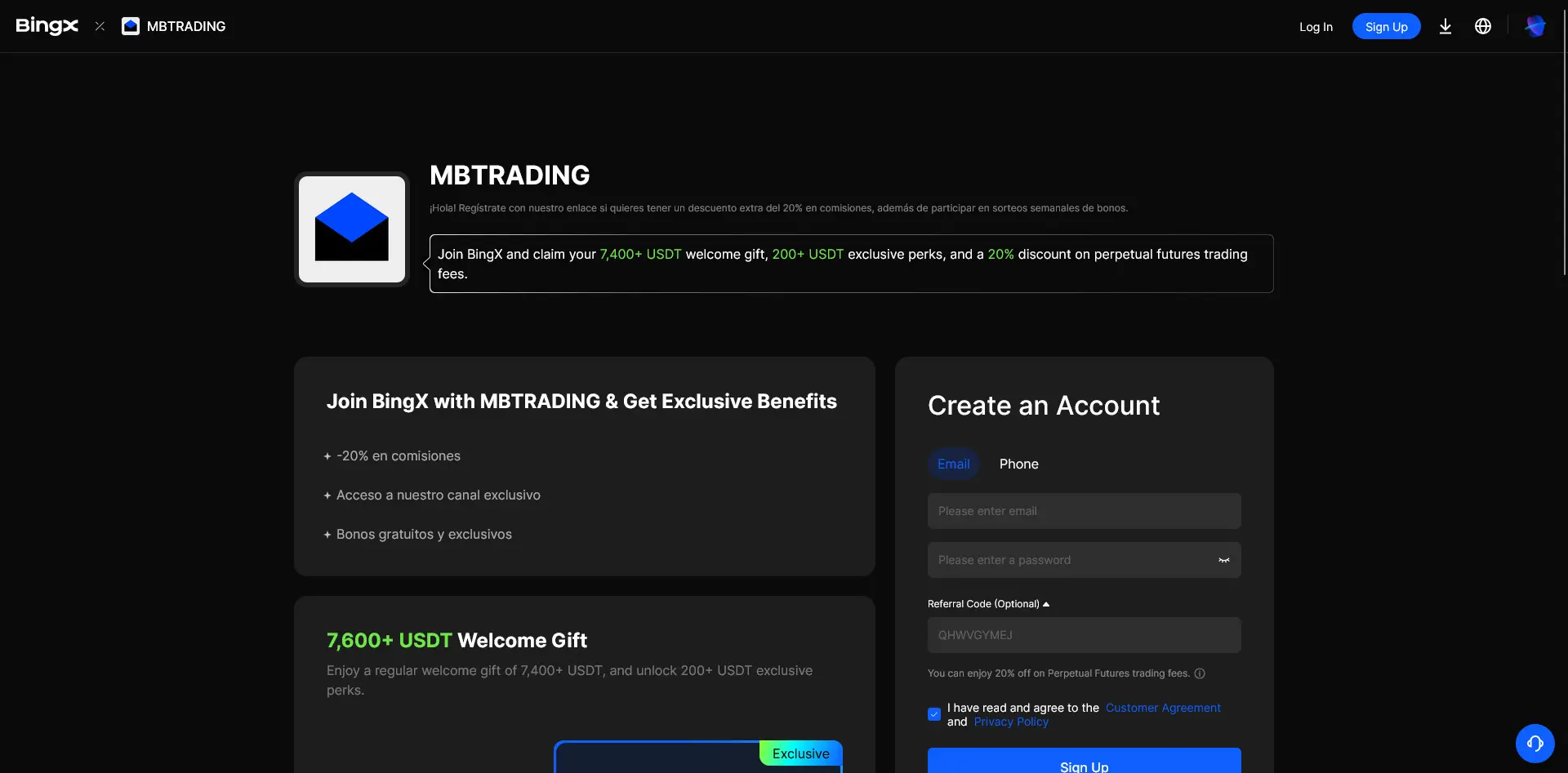 Pantalla de inicio de registro en BingX
