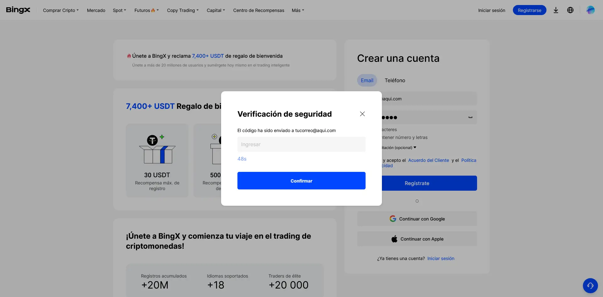 Pantalla de verificación de código en BingX